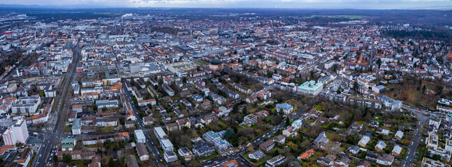 Aerial view around the city Darmstadt in Germany. On a overcast day in spring.
