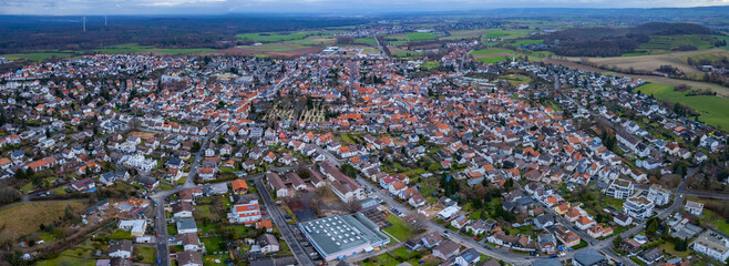 Aerial view around the city Darmstadt in Germany. On a overcast day in spring.