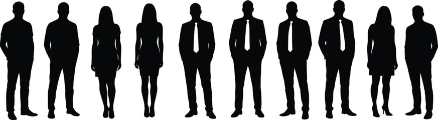 Business team silhouettes standing in a row, corporate professionals, men and women, leadership concept, teamwork unity, success strategy