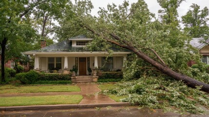 Fototapeta premium A large tree has collapsed onto a house, obstructing the front yard and sidewalk. The stormy weather has left the area wet and gloomy, with dark clouds overhead.