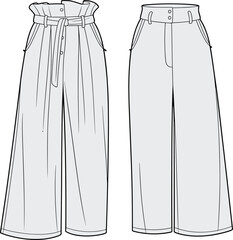 Wide-leg pants technical drawing, front view, flat sketch, CAD illustration, fashion template, garment design, apparel mockup, paper bag waist, button closure