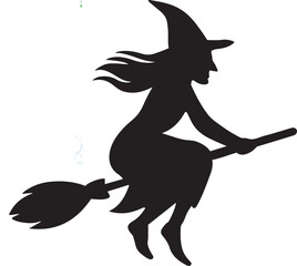 Two silhouetted witches flying on brooms against a white background