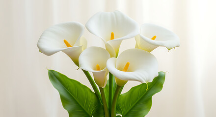 Stunning white Calla Lilies in a minimalist setting, highlighting their unique trumpet shape.

