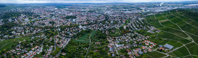 Aerial view around the city Heilbronn in Germany. On a overcast day in spring.
