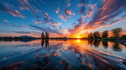 Fototapeta premium Colorful sunset over calm lake