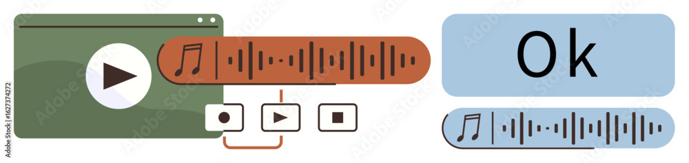 Poster multimedia player with play button, sound waveforms, and control icons. ok text next to highlighted 