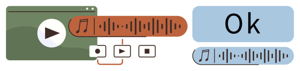 Multimedia player with play button, sound waveforms, and control icons. OK text next to highlighted audio segment. Ideal for media, technology, user interface, sound, audio editing communication
