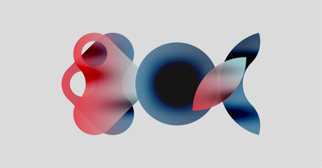 Abstract shapes overlap, creating fluid forms. Red, blue hues blend, suggesting movement, depth. Minimalist design, light background.