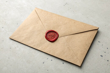 Kraft paper envelope with red wax seal image photo