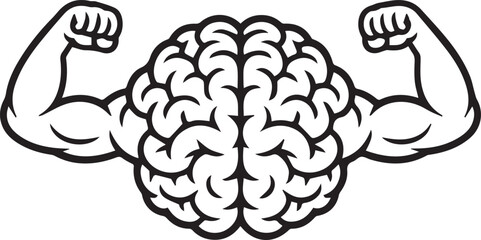 Fototapeta premium Black and White Line Art Illustration of a Strong Brain with Biceps