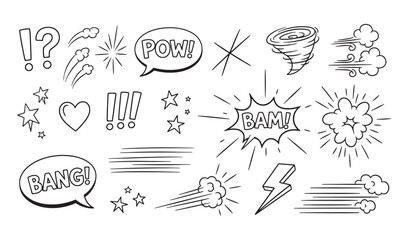 Hand drawn comic book elements and sound effects for storytelling design and illustration