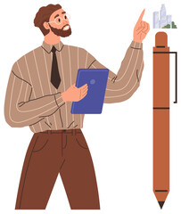 Man in formal attire holding a tablet, pointing upward to emphasize an idea near a pen and cityscape. Ideal for business, education, creativity, strategy, innovation, teamwork, simple flat metaphor