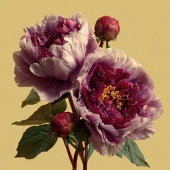 Close-up of three peonies, deep purple and lavender
