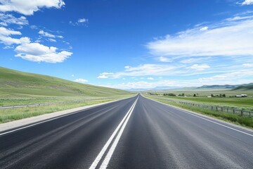 Fototapeta premium Scenic Empty Highway Under Clear Blue Sky with White Clouds, space road racing driving