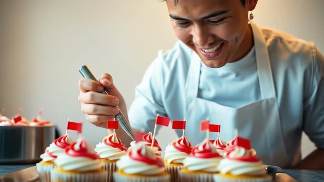 Young chef carefully decorates cupcakes Frosting swirls top each treat Red accents add flair A metal spatula helps with the finishing touches Happy focused baker