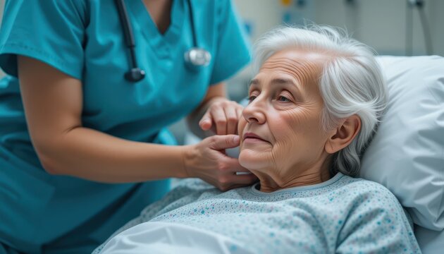 Attentive nurse providing comfort and medical support to an elderly patient