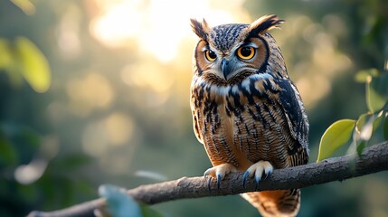 Obraz premium Wise Owl Perched Silently on Branch at Dusk with Big Eyes