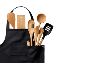 Black apron mockup with cooking utensils on a white isolated on a transparent background in PNG format