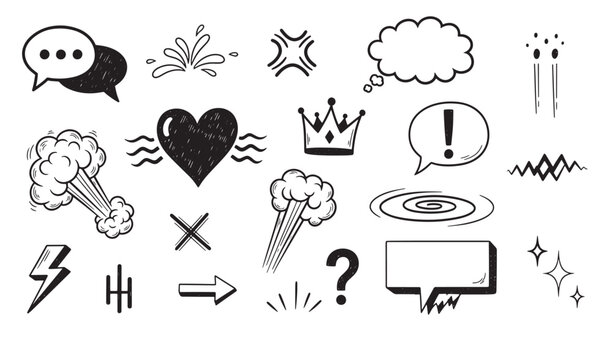 Hand-drawn doodle elements collection featuring speech bubbles crown heart and expressive comic details