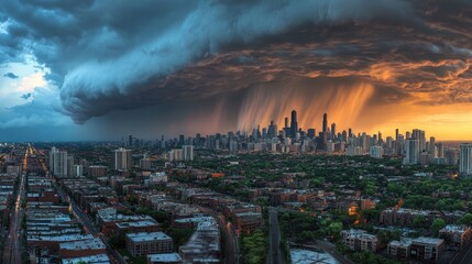 Dramatic Thunderstorm Over City Skyline at Sunset with Dark Clouds