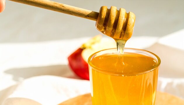 Golden Natural Honey Still Life with Wooden Dipper and Apple Slice - Powered by Adobe
