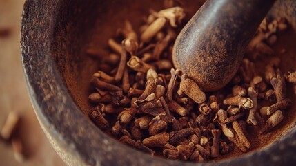 Close-Up of Ground Cloves in a Wooden Mortar and Pestle Setting