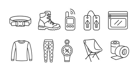 Camping and hiking outline icon set. equipment, outdoor line art icons collection