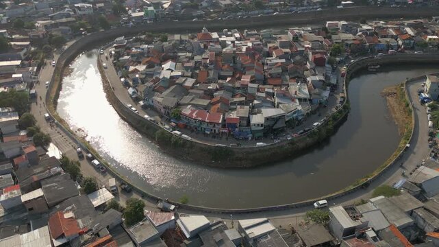 Urban Peninsula Jakarta Indonesia Surrounded By Canal Drone Rotate 4K 60FPS