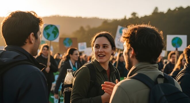 Group of diverse individuals attending environmental protest with Earth symbols holding signs outdoors during sunset