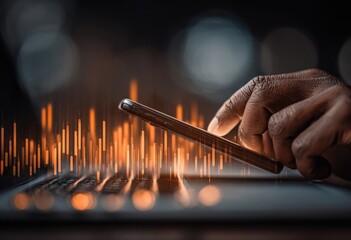 Close-up of a hand using a phone, overlaid with financial data