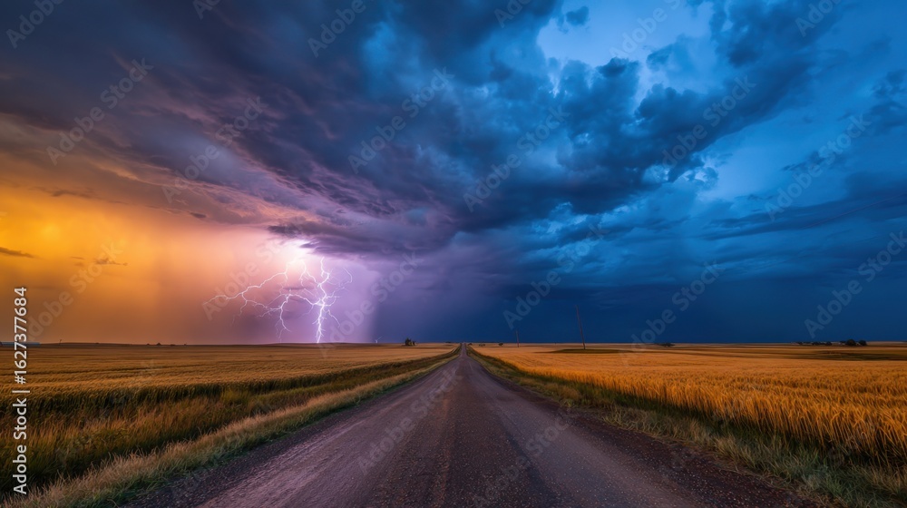 Poster dark storm clouds gather over the expansive fields as lightning illuminates the horizon, creating a 