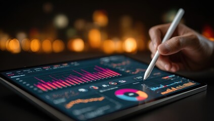 Hand using stylus on tablet with financial data