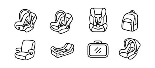 Baby and child safety icon set. car seat, backpack line icons collection
