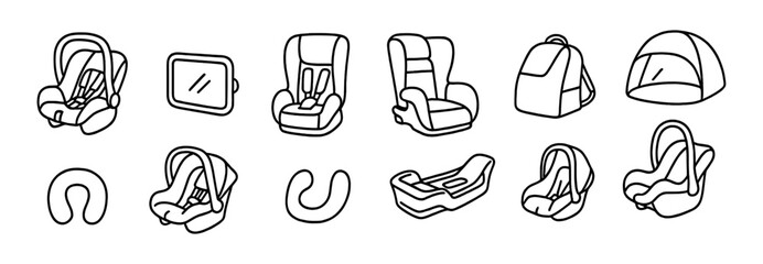 Baby gear, safety linear icon set. child equipment, essentials line collection