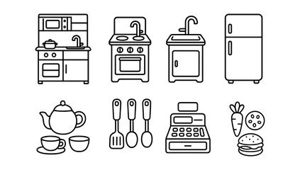 Kitchen appliances and utensils line icon set. cooking, dining, food preparation