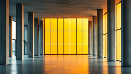 Modern concrete hall with striking columns and glowing windows, illuminated by natural ambient light.