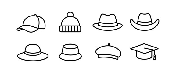 Hat and cap line icon set. headwear, styles collection in outline style