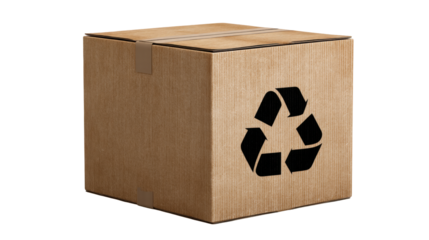 Cardboard box isolated on transparent background with recycling symbol printed on side
