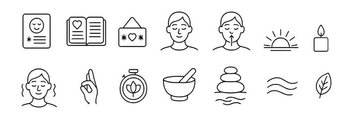 Wellness and relaxation icon set. meditation, spa, mindfulness icons outline collection
