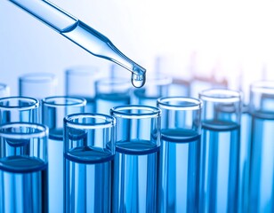 Laboratory precision: A closeup of scientific pipette and blue liquid filled test tubes