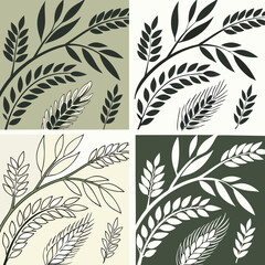 Four seamless vector patterns with dark green and beige wheat stalks and leaves leaf