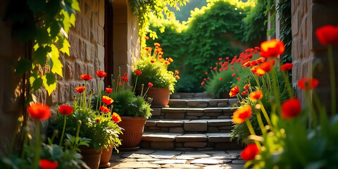 Obraz premium A stone staircase winds upwards, flanked by lush greenery and vibrant red poppies. Sunlight filters through the leaves, casting a warm glow on the scene