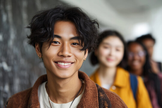 A young man with a smile on his face stands in front of a group of people