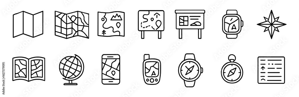 Poster navigation and map line icon set: seamless travel and direction tools collection