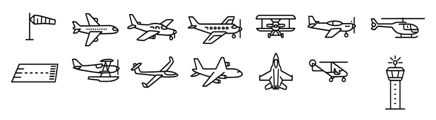 Aviation, aircraft outline icon set. flight, airplane, helicopter linear collection