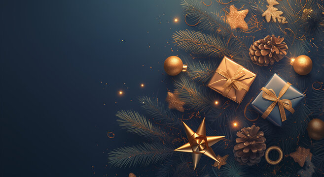 "Dark Blue Gold Christmas New Year Gifts Candy Background (Flat Lay/Copy Space) - HD Realistic Banner for E-commerce, Holiday Cards"

