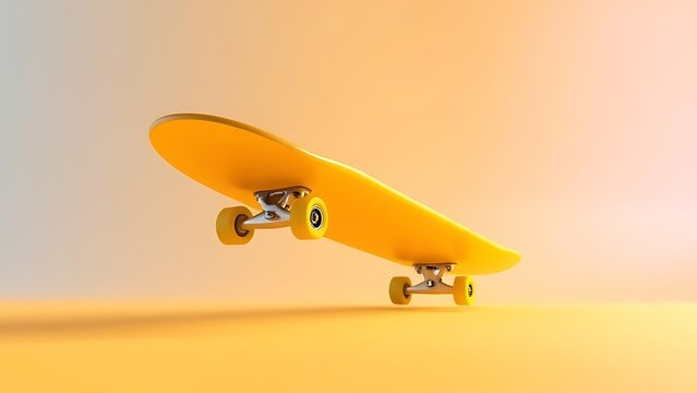 A vibrant yellow skateboard captured at a dynamic angle against a gradient background with motion effects. - Powered by Adobe