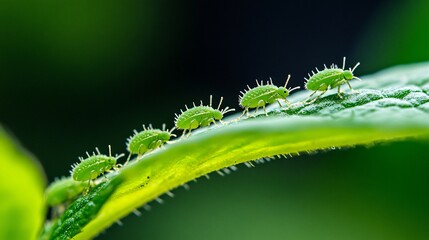Fototapeta premium Small Colony of Aphids Feeding on Tender Green Plant Leaves