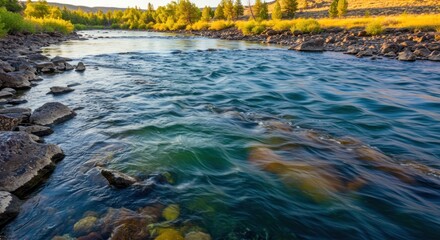 Naklejka premium Flowing River Landscape: Golden Light on Water and Rocky Shoreline