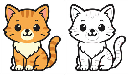 Cute cartoon orange tabby kitten coloring page and finished illustration
